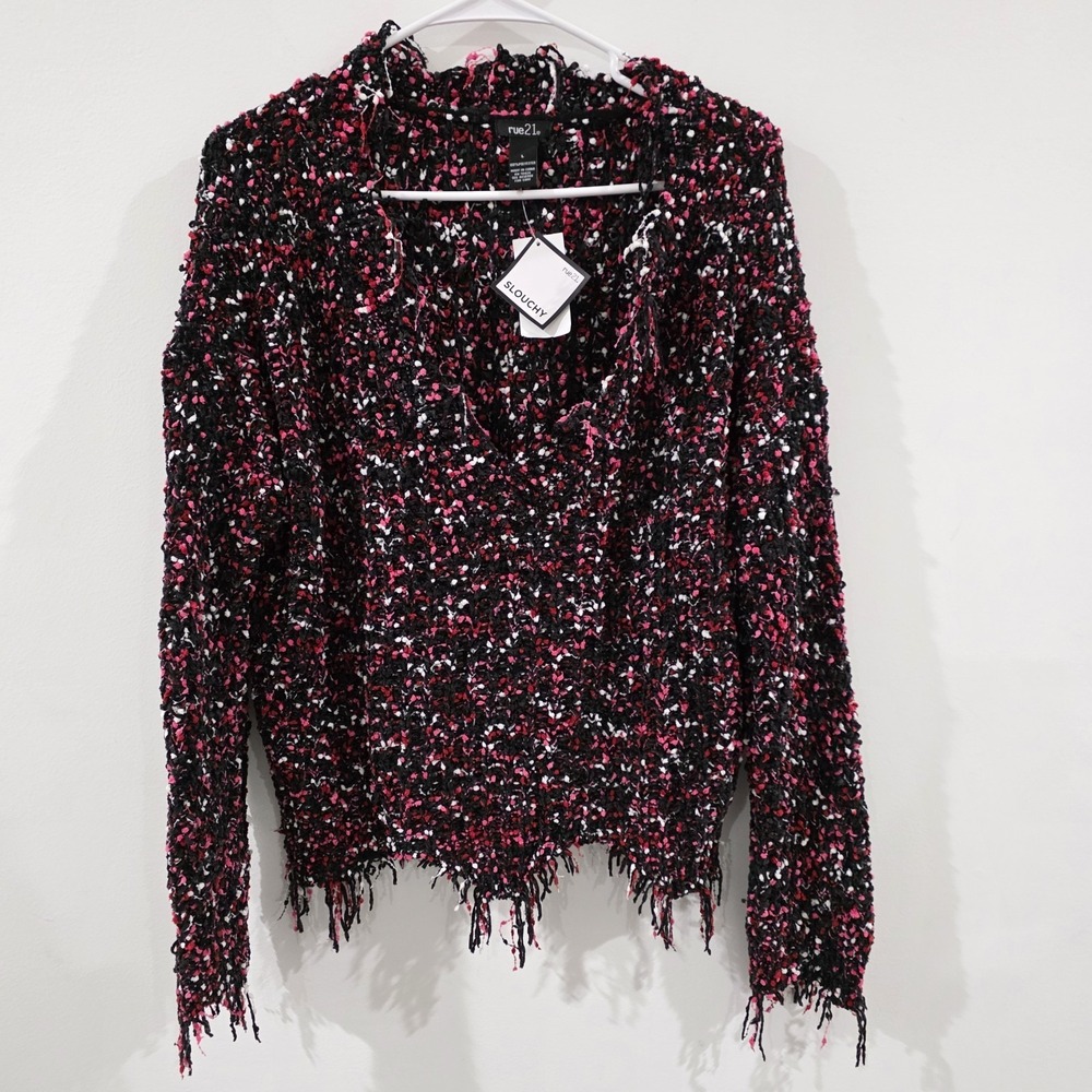 Rue 21 Womens Fringe Destroyed‎ Knit Sweater Size Large Black Pink Grunge